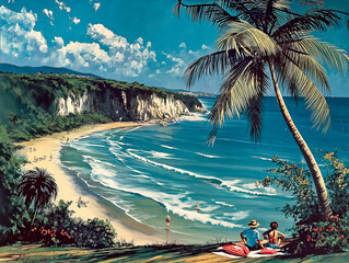 Wall Mural - A painting of a beach with palm trees and people enjoying the ocean. The mood of the painting is relaxed and peaceful