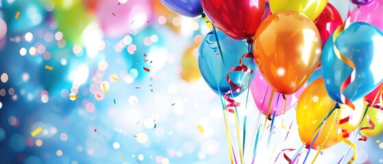 Colorful balloons with confetti floating in a blue background.