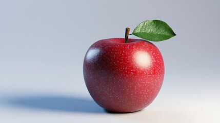 A single, shiny red apple with a green leaf on a white background.