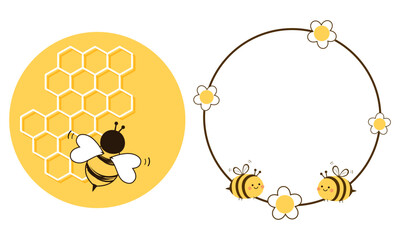 Wall Mural - Beehive honey sign, cute flower and bee cartoons on circle label isolated on white background vector.