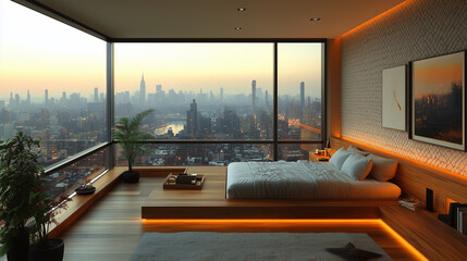 Wall Mural - a modern interior of a bedroom with a platform and a beautiful city view