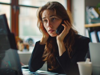 Wall Mural - A woman in a business suit multitasking with her cell phone and computer. She appears stressed by the demands of work.