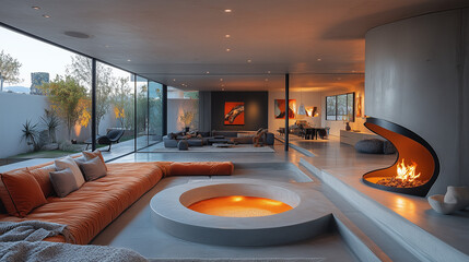 Wall Mural - A contemporary living room with a sunken conversation pit, a modern fireplace, and abstract art.