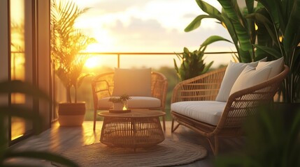 Wall Mural - cozy balcony with rattan furniture and plants at sunset overlooking a serene landscape