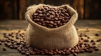 Close-up of roasted coffee beans on a wooden table background.