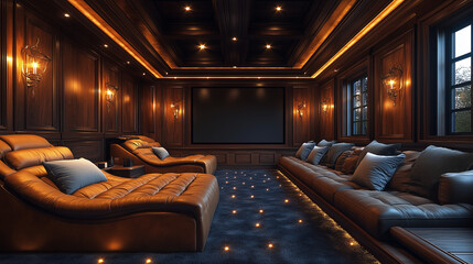 Wall Mural - A contemporary home theater with reclining seats, a massive screen, and acoustic wall panels.