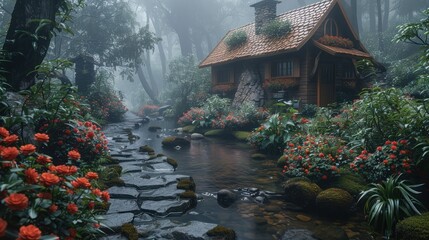 Wall Mural - Enchanted Cottage in a Misty Forest