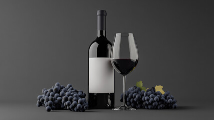 Red Wine Bottle and Glass with Grapes.