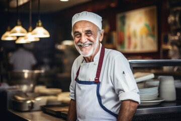 Smiling portrait of a senior chef working in kitchen