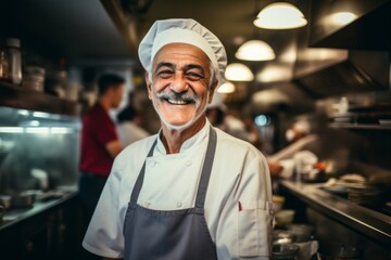 Wall Mural - Smiling portrait of a senior chef working in kitchen