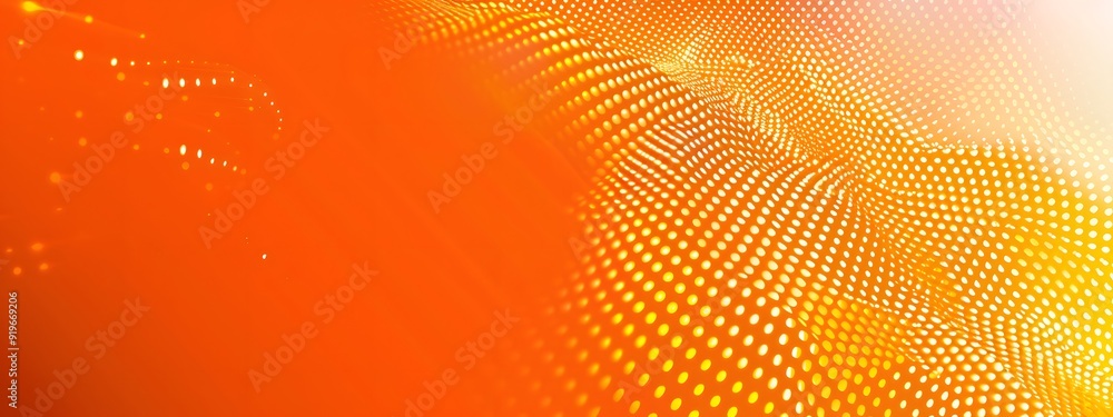 A vibrant orange digital wave with a dotted pattern and light rays ...