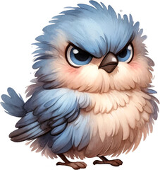 A cartoonish bird with a big, angry expression on its face