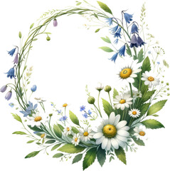 Wall Mural - A flowery wreath with blue and white flowers