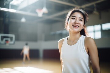 Wall Mural - Smiling portrait of a female Caucasian teenage basketball player