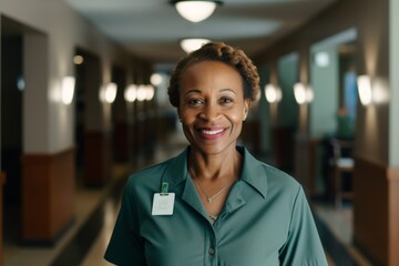 Wall Mural - Smiling portrait of a middle aged female African American hotel worker