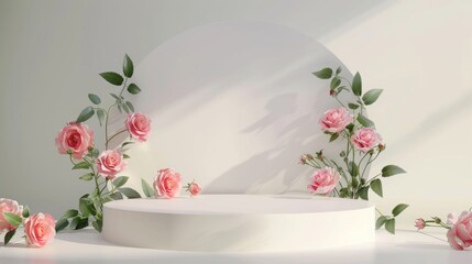 Sticker - Rose flowers on pedestal with empty podium for product presentation. White backdrop with space for cosmetic, perfume, or skincare items.