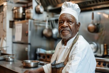 Smiling portrait of a senior chef working in kitchen