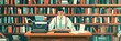 © Nima - A man sits at a desk in front of a bookshelf, typing on a vintage typewriter. The scene represents creativity, writing, storytelling, and knowledge.
