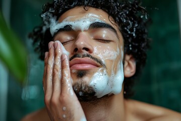 Self-care and grooming, young man applying face wash, Generative AI