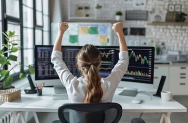 A person celebrating success in front of multiple computer screens displaying financial data.