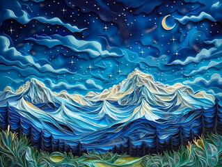 Wall Mural - A mountain range is depicted in a blue sky with a full moon in the background. The mountains are covered in snow and the sky is filled with stars