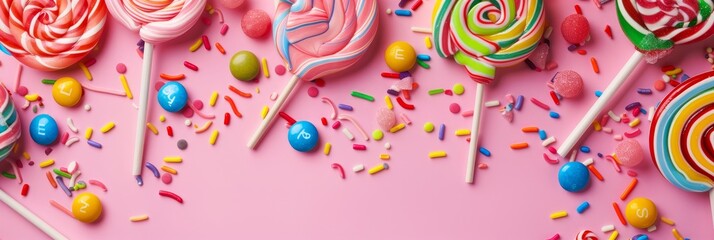 A vibrant image of colorful lollipops, sprinkles, and candy on a pink background symbolizing sweetness, happiness, celebration, and childhood.