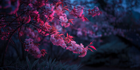 Wall Mural - Vibrant Pink Cherry Blossoms at Dusk with Gorgeous Blue Background