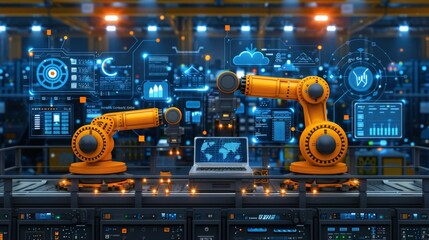 Wall Mural - Business Process Automation: business automation with robotic arms, gears, and digital interfaces, emphasizing the efficiency and innovation brought by automated processes in the workplace.