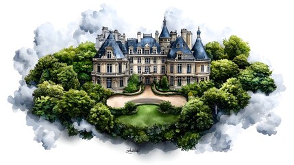 Elegant Watercolor Rendition of Renaissance Architecture in France