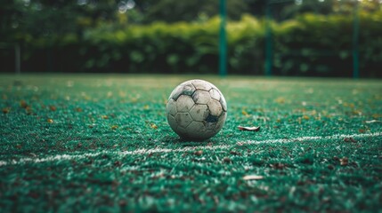 Wall Mural - A classic soccer ball sits alone on a well-maintained green field, symbolizing  sportsmanship, competition, teamwork,  recreation, and  athleticism.