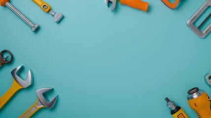 Wall Mural - A flat lay image of various tools arranged in a border on a blue background, symbolizing  DIY, construction, repair, maintenance, and craftsmanship.