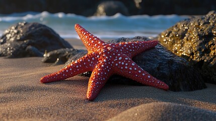 A bright orange starfish with white dots rests on a wet rock on a sandy beach.  The ocean waves are visible in the background.