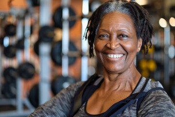 Poster - Smiling portrait of a middle aged slightly overweight black woman in gym