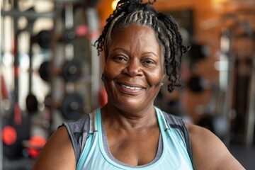 Poster - Smiling portrait of a middle aged slightly overweight black woman in gym