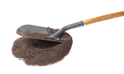 Wall Mural - Metal shovel with wooden handle and pile of soil isolated on white