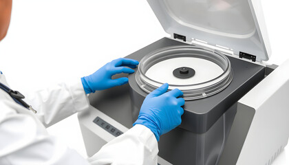 Wall Mural - A person in lab coat and blue gloves is operating a centrifuge machine isolated with white highlights, png