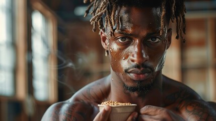 A young man with dreadlocks looks intensely at the camera, his face and chest covered in a brown substance. He holds a small object in his hand.