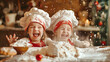 © Anoo - Two young girls in chef hats laugh joyfully as they playfully create a festive Christmas dinner, with flour swirling around in their busy kitchen