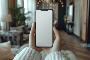 a close-up shot of a woman's hand holding a smartphone with a blank screen.