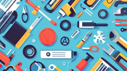 A blue background with many tools and objects on it