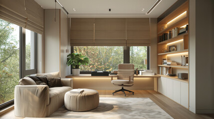 Wall Mural - A modern office space with a large window and a comfortable couch