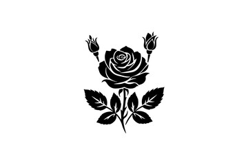 A vector illustration featuring a black silhouette of a rose, complete with a rosebud and leaves, set against a white background.