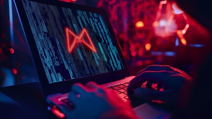 A person is typing on a laptop with a red and blue symbol on the screen