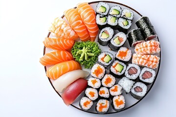 Wall Mural - Sushi platter with assorted rolls and wasabi isolated on a white, top view