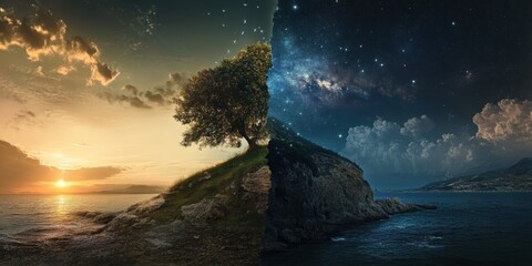 Wall Mural - Day and Night Seascape with Tree on Cliff, Sunset and Starry Sky, Milky Way, Clouds