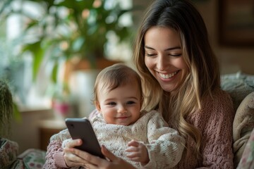 Wall Mural - Smiling woman with baby texting on phone at home, Generative AI