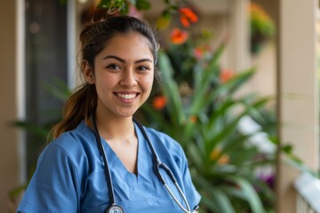 Portrait of a smiling young Hispanic nurse in scrubs at hospital