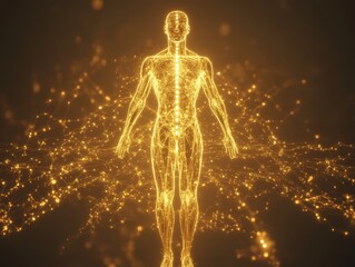 Abstract Digital Human Body with Glowing Lines and Particles - Golden 3D Render