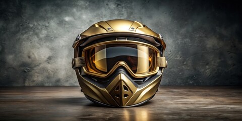 Adventure motorcycle helmet with golden mx goggles on a grey studio background, adventure, motorcycle, helmet, dirty