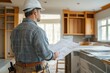 © Morningmaze - Contractor remodeling kitchen with blueprints and wood details, Generative AI